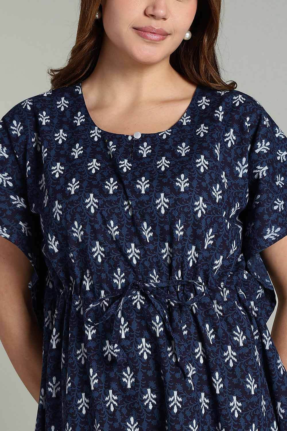 Naidu Hall Women’s Full-Length Kaftan Nighty – V-Slit Keyhole Neck, Elastic Waist & Short Sleeves - Indigo Blue - NA31 - Naidu Hall Family Store