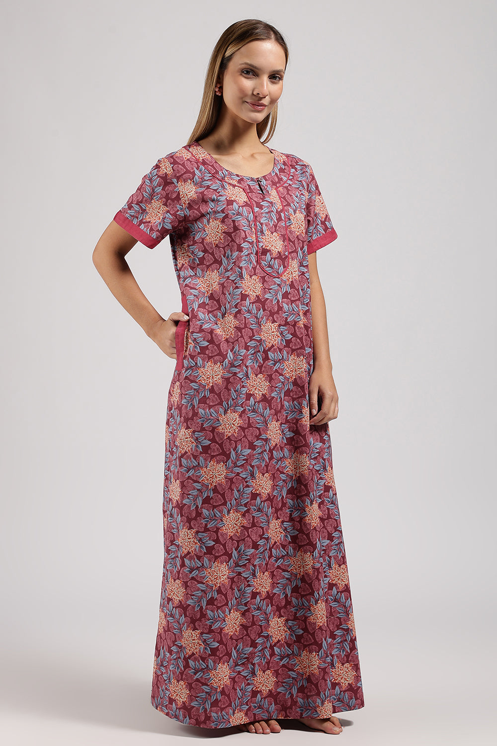 Naidu Hall Printed Cotton Nighty for Women – Full Length A-Line Sleepwear with Keyhole Neck & Contrast Piping | Comfortable Daily Wear Nighty
- N135