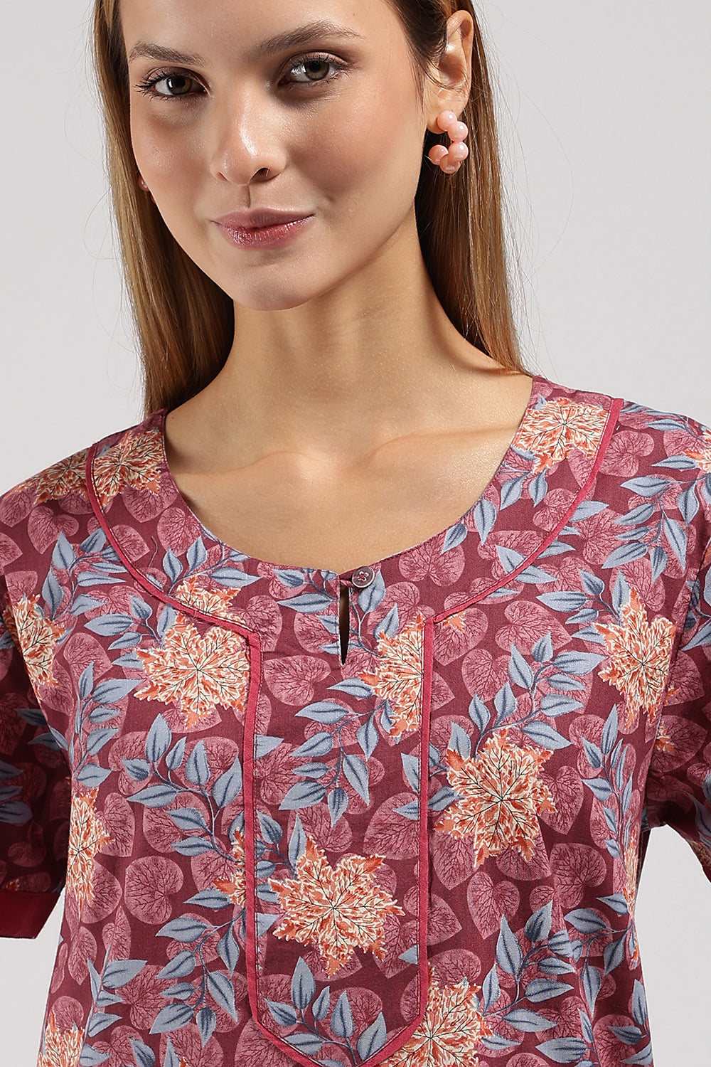 Naidu Hall Printed Cotton Nighty for Women – Full Length A-Line Sleepwear with Keyhole Neck & Contrast Piping | Comfortable Daily Wear Nighty
- N135