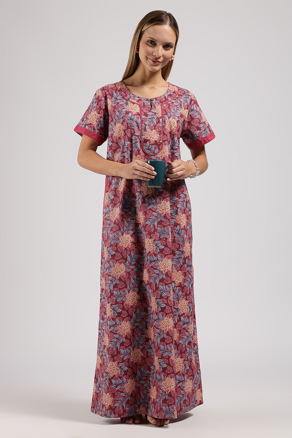 Naidu Hall Printed Cotton Nighty for Women – Full Length A-Line Sleepwear with Keyhole Neck & Contrast Piping | Comfortable Daily Wear Nighty
- N135