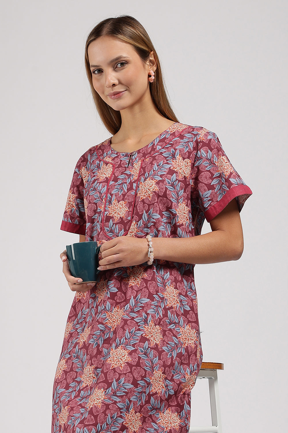 Naidu Hall Printed Cotton Nighty for Women – Full Length A-Line Sleepwear with Keyhole Neck & Contrast Piping | Comfortable Daily Wear Nighty
- N135