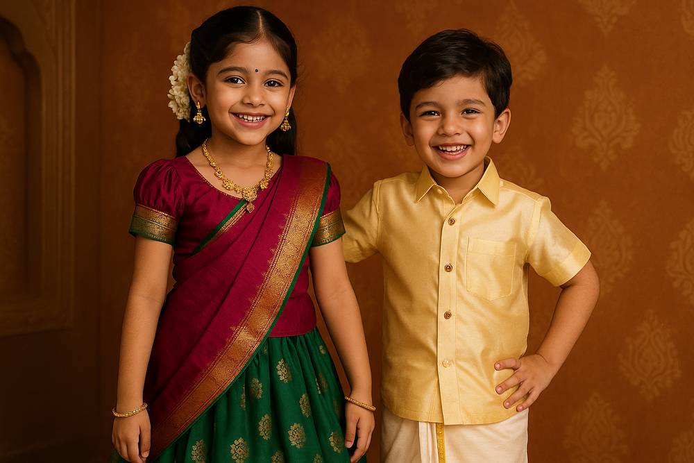 with model images wearing ethnic pavadai set and dhoti set by boys. donot use any word on the banner. banner should be attrcative
