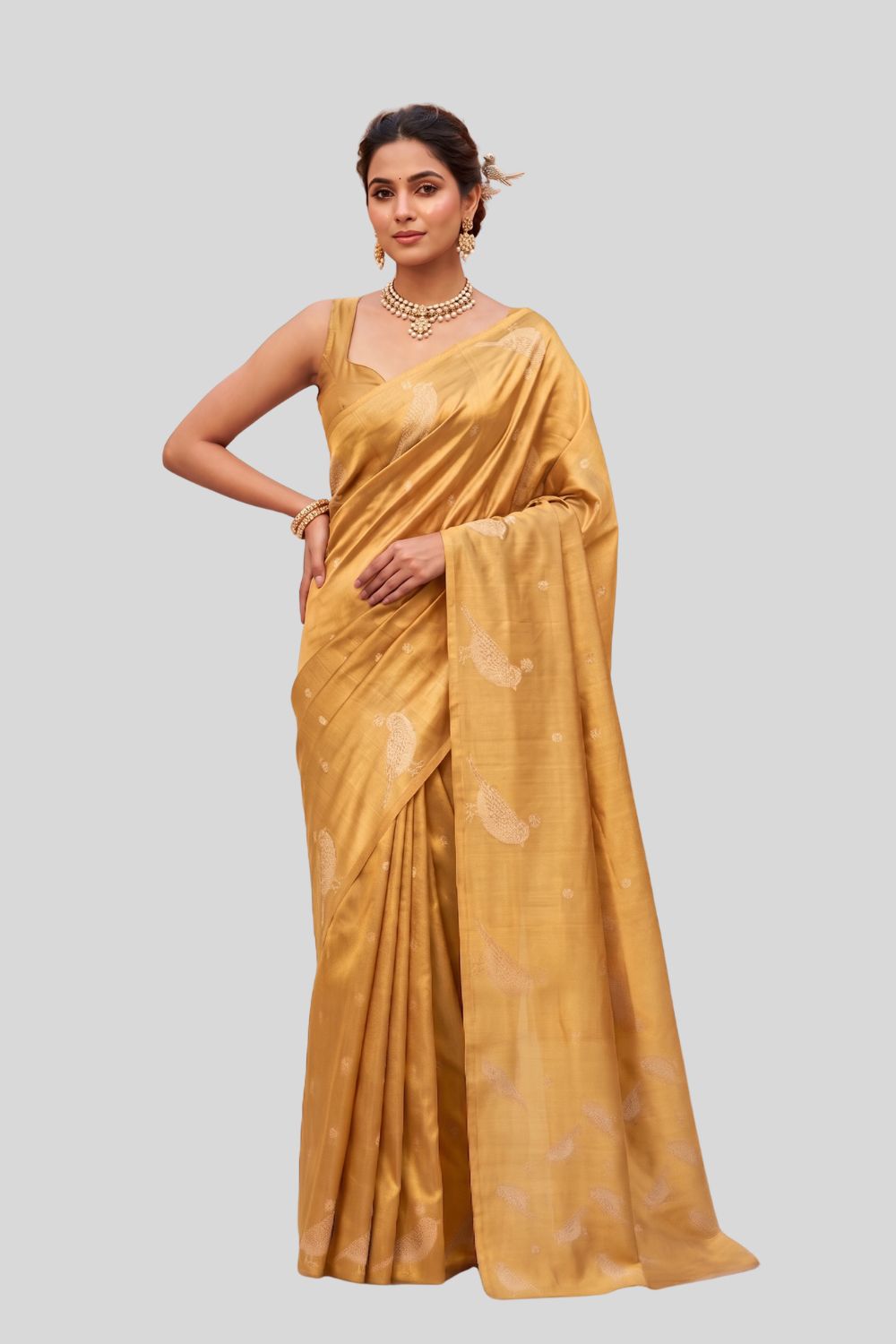 Women’s Art Silk Tissue Saree with Blouse – Gold Printed Saree for Women | Festive & Traditional Ethnic Wear - WS11