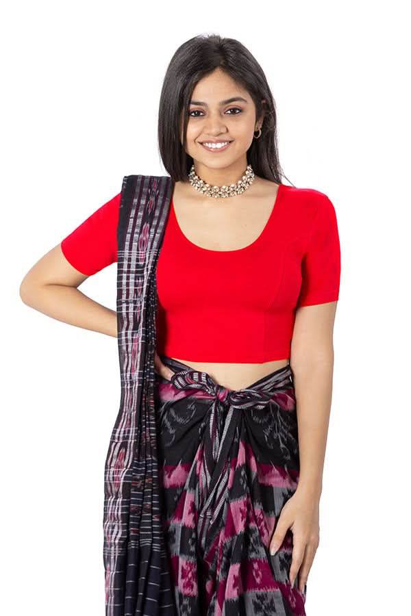 Naidu Hall Non-Wired Non-Padded Knitted Blouse With Round Neck Princess Cut Short Sleeve - Red - Naidu Hall Family Store