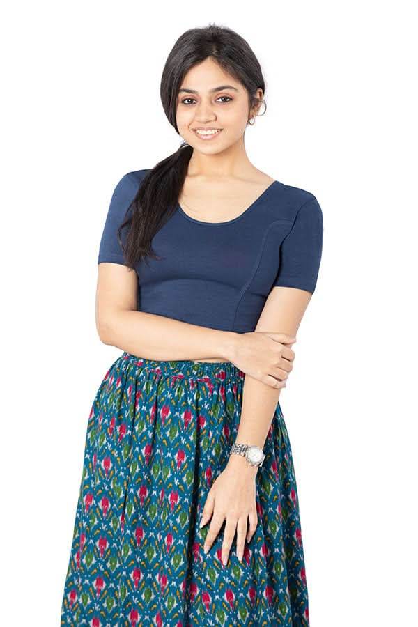 Naidu Hall Non-Wired Non-Padded Knitted Blouse With Round Neck Princess Cut Short Sleeve - Navy Blue - Naidu Hall Family Store