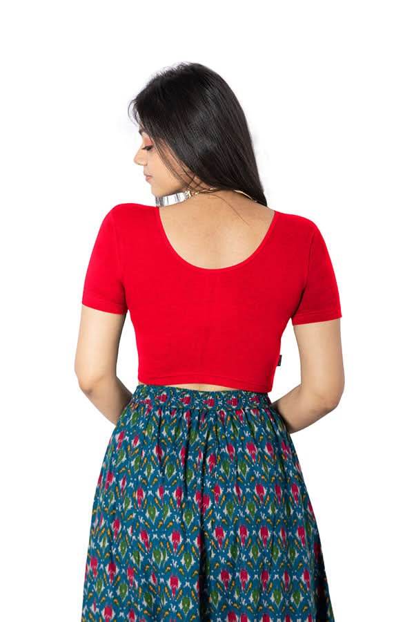 Naidu Hall Non-Wired Non-Padded Knitted Blouse With Round Neck Princess Cut Short Sleeve - Red - Naidu Hall Family Store