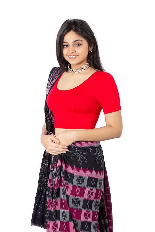 Naidu Hall Non-Wired Non-Padded Knitted Blouse With Round Neck Princess Cut Short Sleeve - Red - Naidu Hall Family Store
