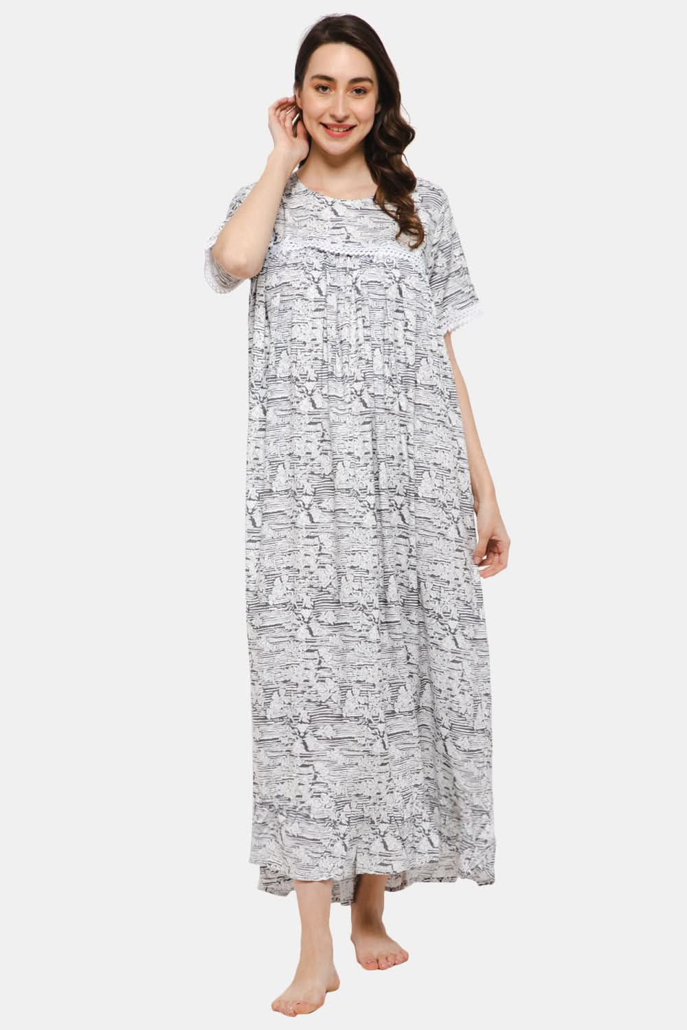 Naiduhall Round Neck Short Sleeve Printed Nighty with Floral Print - White NT26