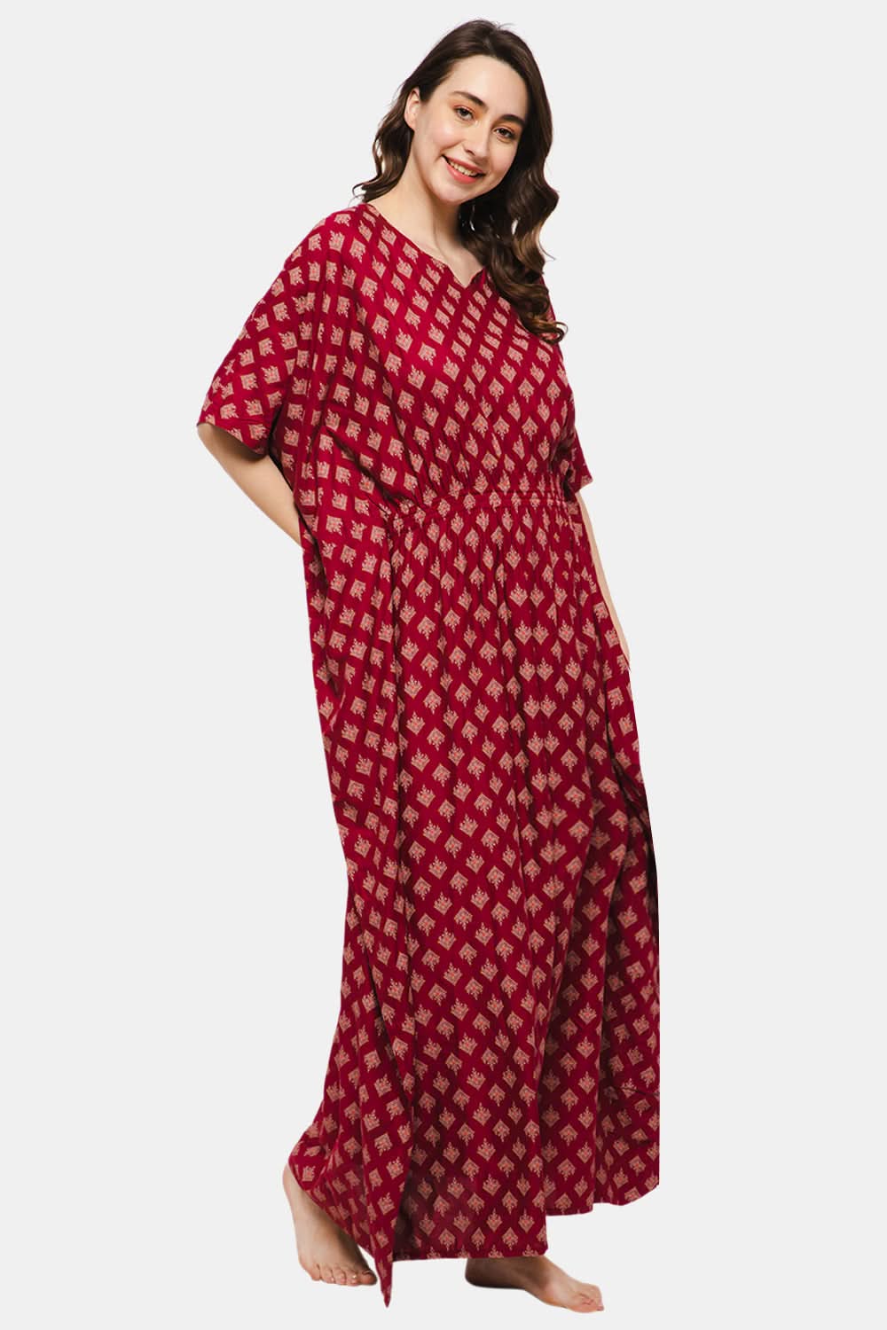 Naiduhall Round Neck Printed Kaftan Nighty - Dark Pink NT27