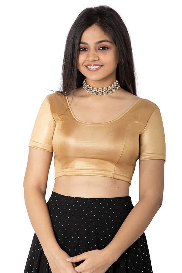 Naidu Hall Knitted blouse Non-Padded With Round Neck Princess Cut Short Sleeve - Gold - Naidu Hall Family Store