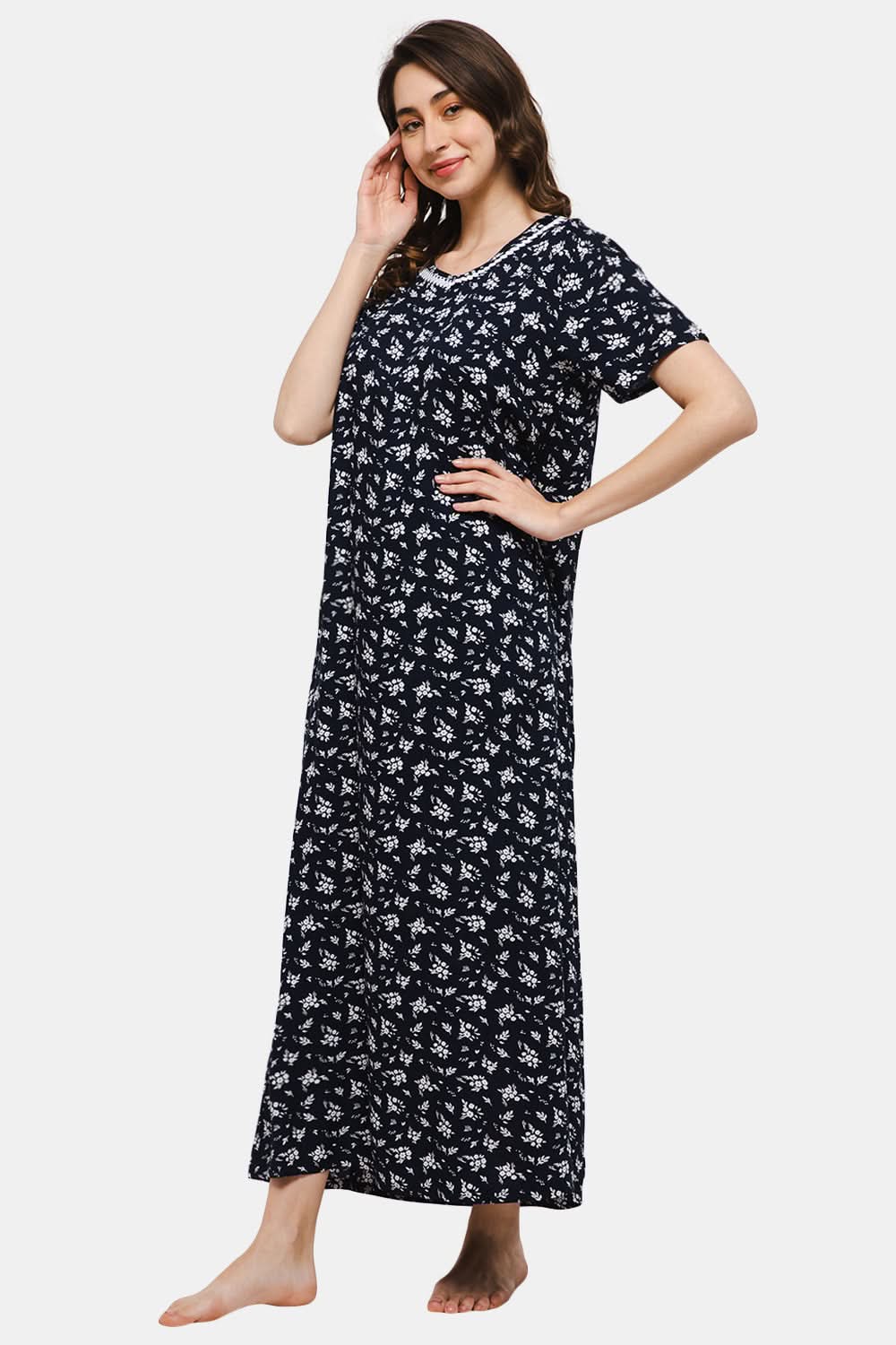 Naidu Hall V-neck Short Sleeve Nighty with Front Patch Pocket - Navy Blue NT19