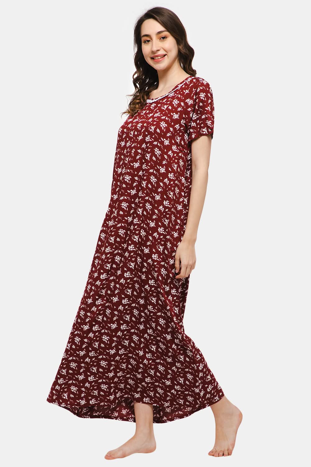 Naidu Hall V-neck Short Sleeve Nighty with Front Patch Pocket - Maroon NT19