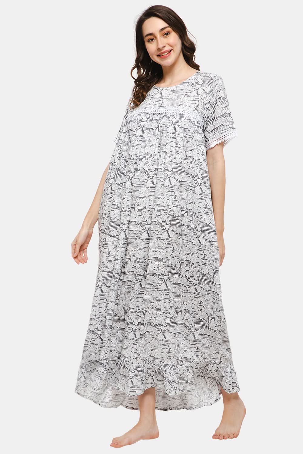 Naiduhall Round Neck Short Sleeve Printed Nighty with Floral Print - White NT26