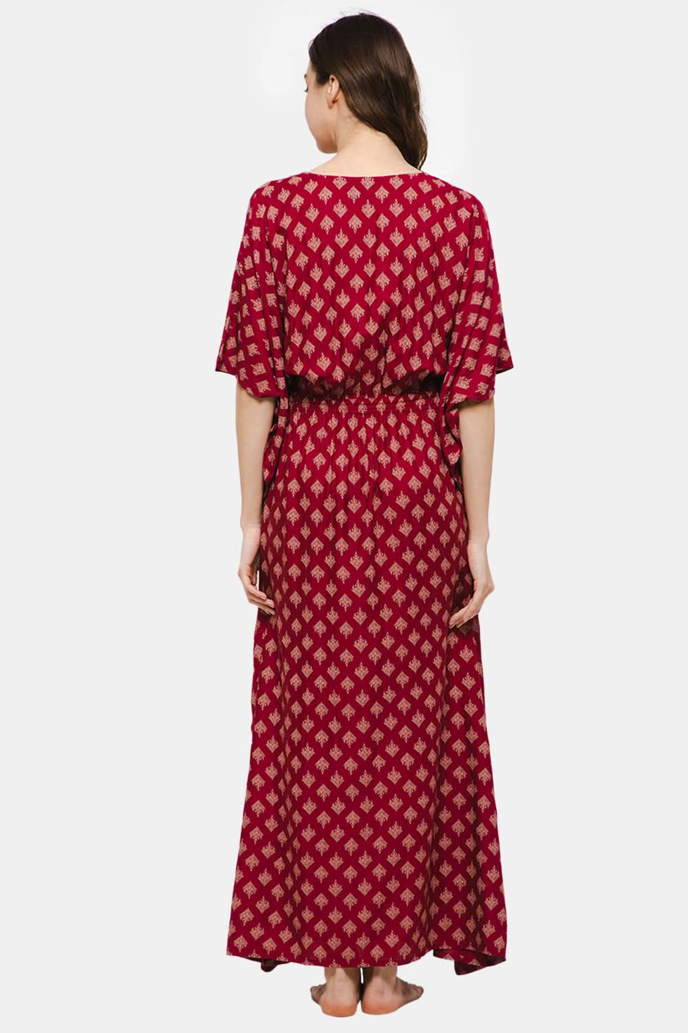 Naiduhall Round Neck Printed Kaftan Nighty - Dark Pink NT27