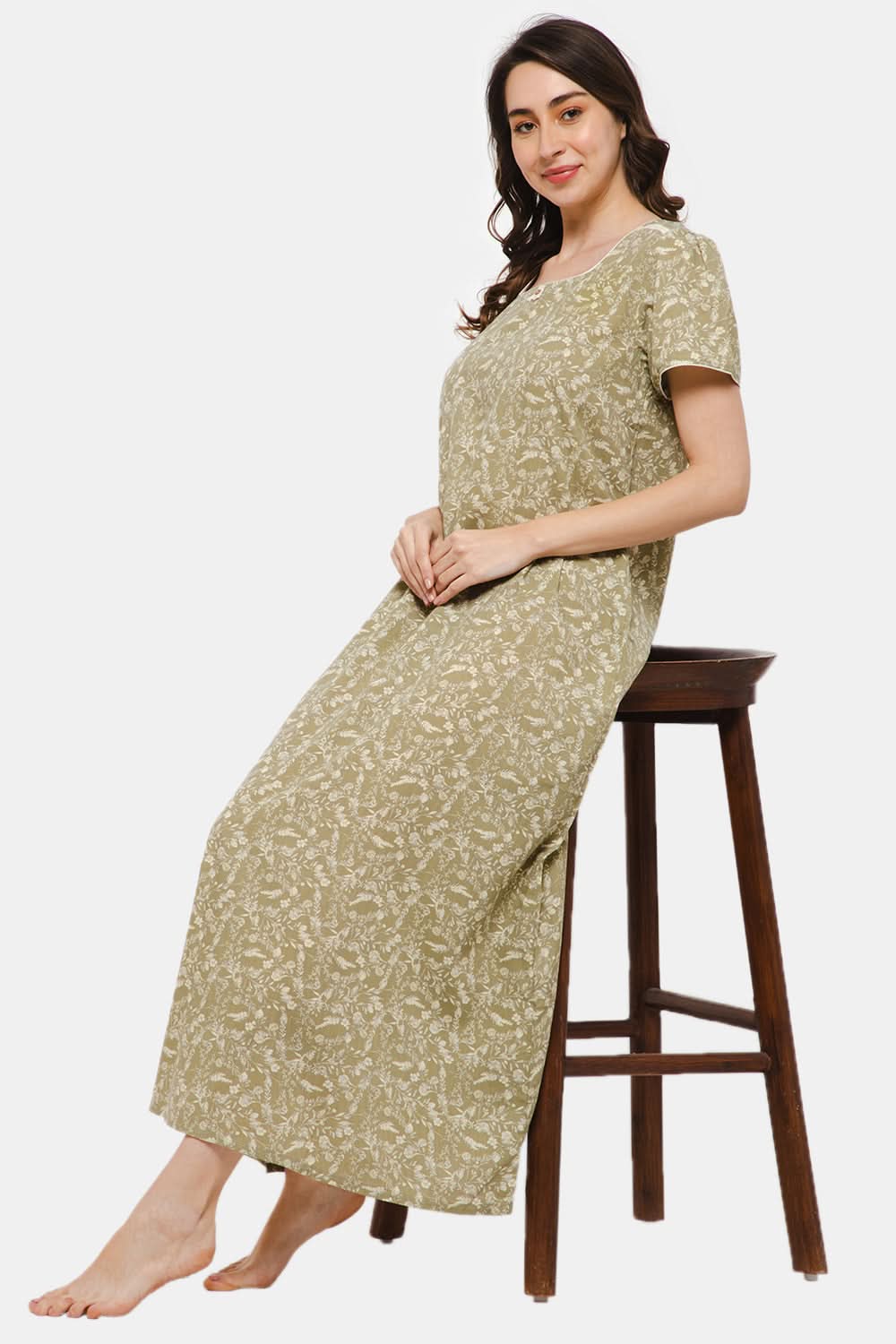 Naidu Hall Square Neck Short Sleeve Printed Nighty with Side Pocket - Grey NT31