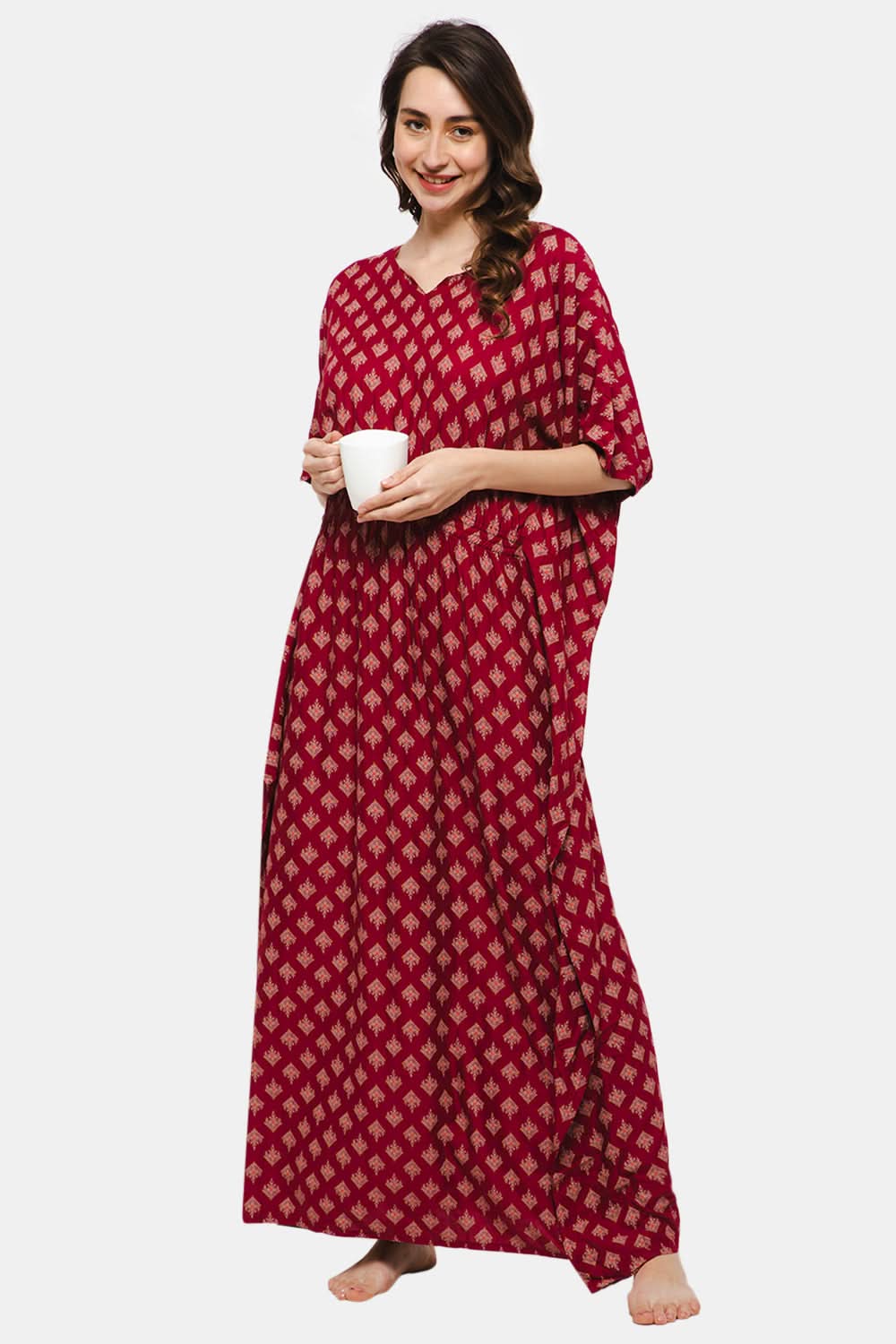 Naiduhall Round Neck Printed Kaftan Nighty - Dark Pink NT27