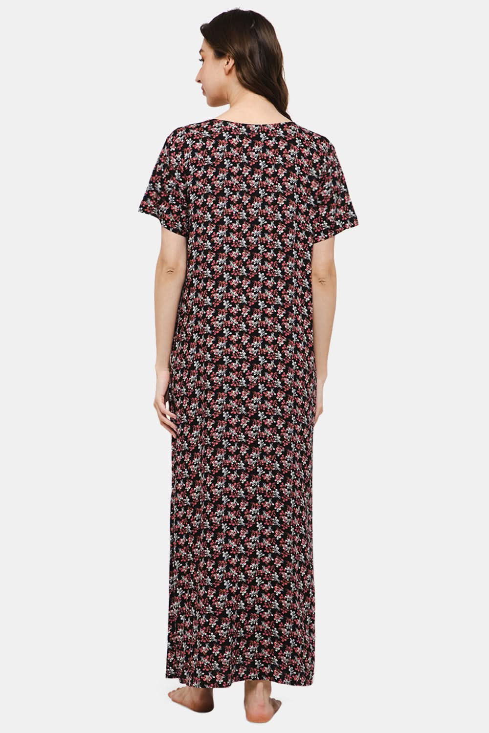 Naiduhall Round Neck Short Sleeve Nighty with Side Pocket - Black NT07
