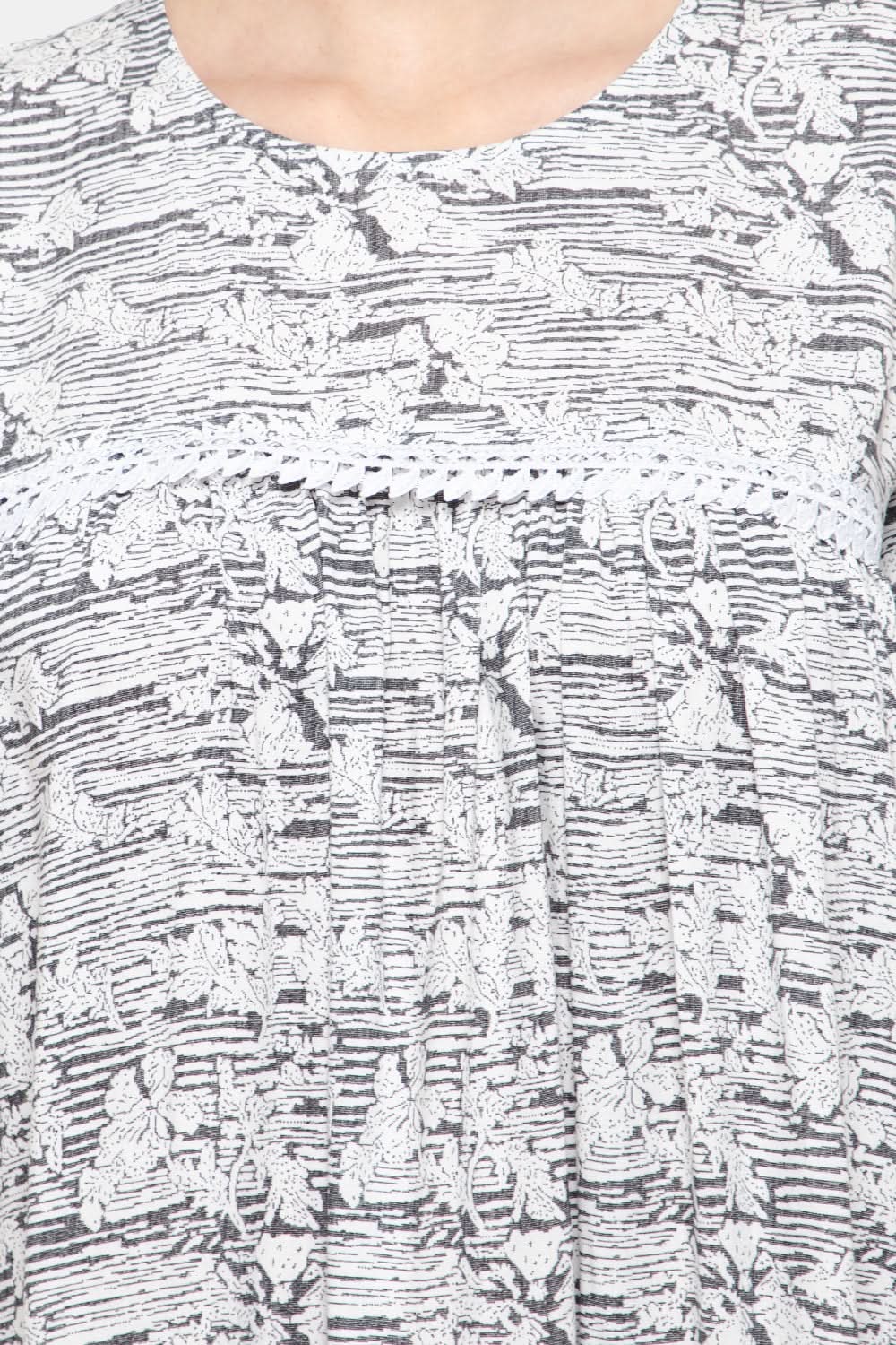 Naiduhall Round Neck Short Sleeve Printed Nighty with Floral Print - White NT26