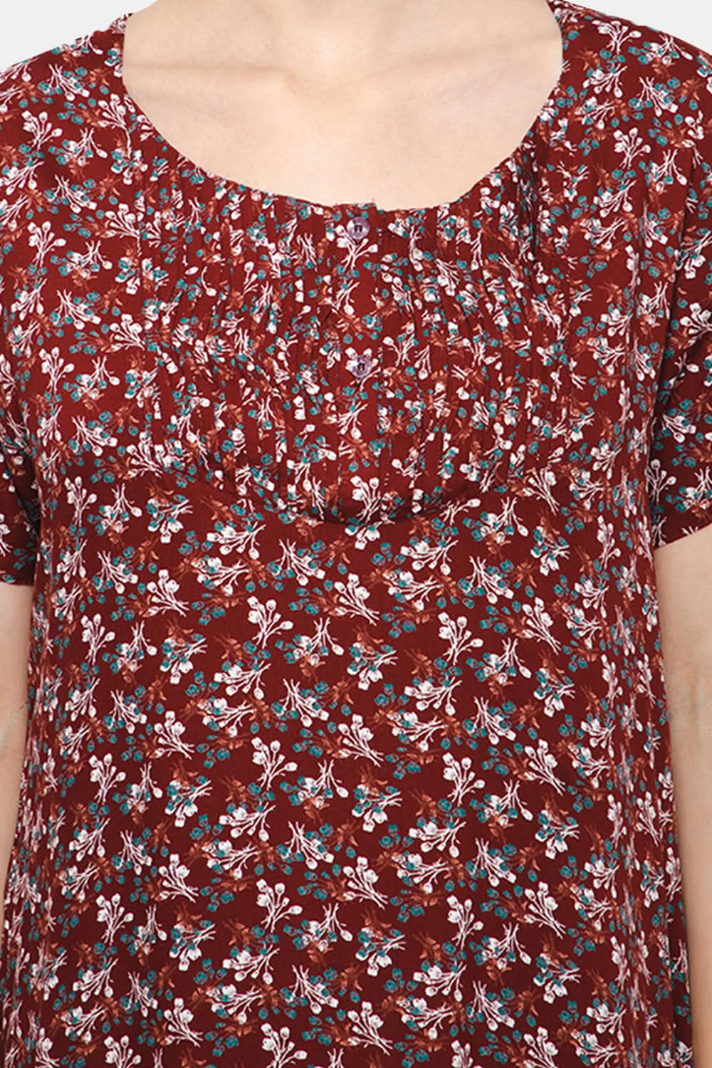 Naiduhall Round Neck Short Sleeve Nighty with Side Pocket - Maroon NT07