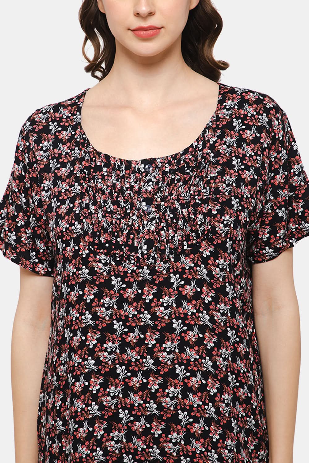 Naiduhall Round Neck Short Sleeve Nighty with Side Pocket - Black NT07