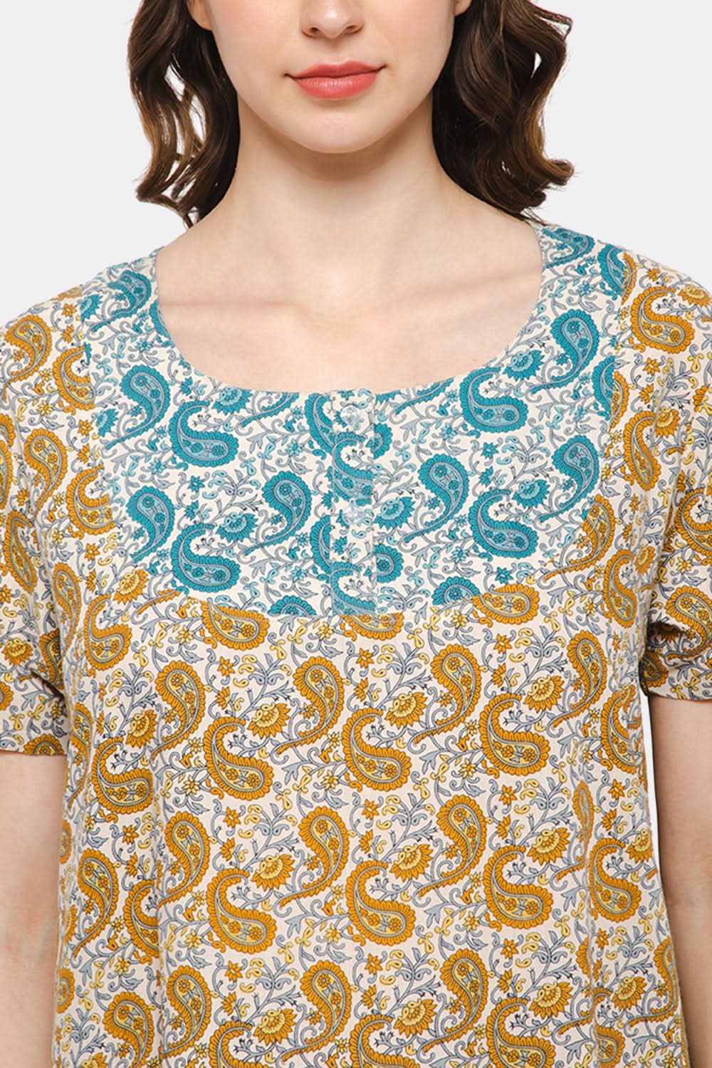 Naidu Hall Crew Neck Short Sleeve Front Open Nighty with Side Pocket - Yellow NT13