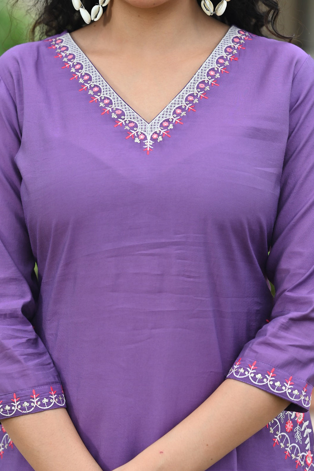 Women’s Cotton Blend Embroidered Kurthi with V Neck and 3/4th Sleeves - Purple - 105
