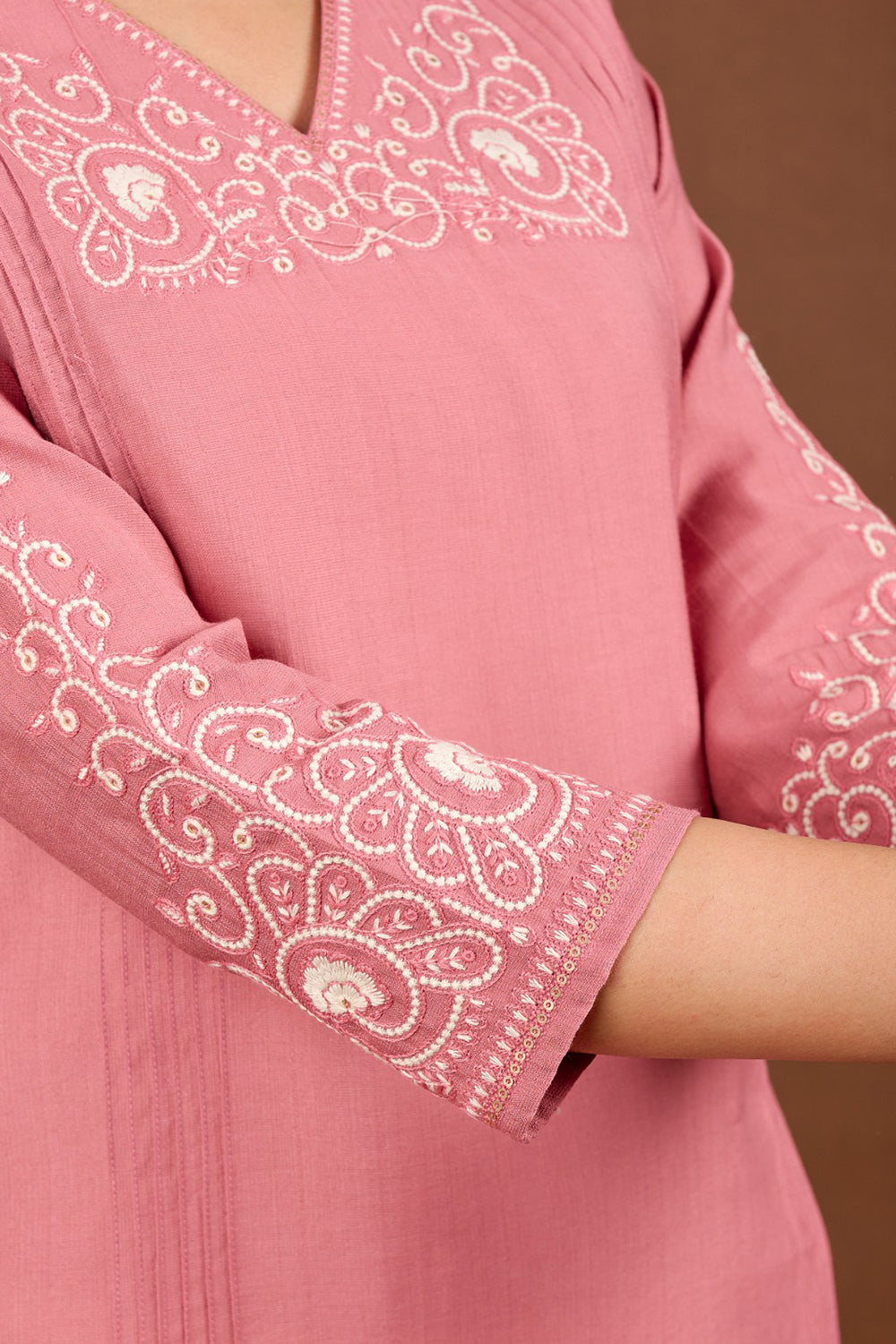 Women’s Cotton Blend Embroidered Kurthi with V Neck and 3/4th Sleeves - Pink - 141