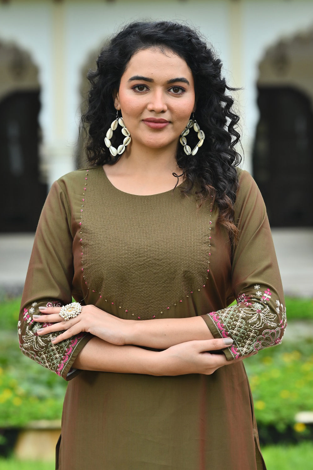 Women’s Cotton Blend Embroidered Kurthi with Round Neck and 3/4th Sleeves - Green - 267