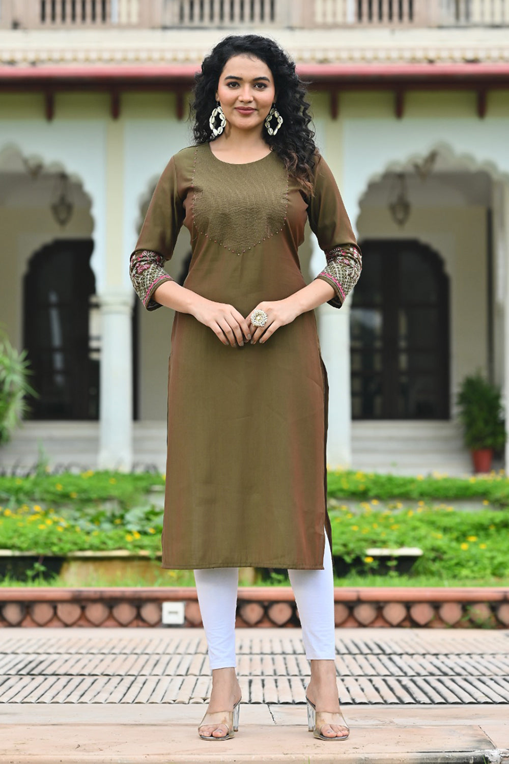 Women’s Cotton Blend Embroidered Kurthi with Round Neck and 3/4th Sleeves - Green - 267