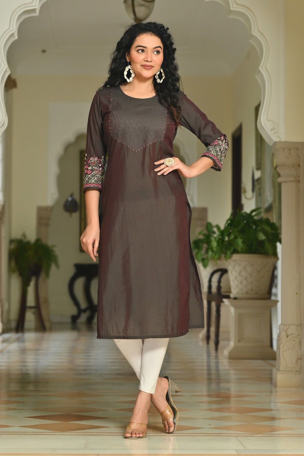 Women’s Cotton Blend Embroidered Kurthi with Round Neck and 3/4th Sleeves - Grey - 267