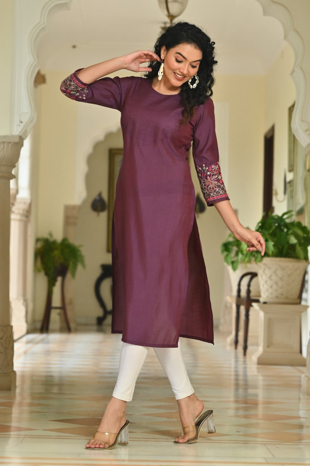 Women’s Cotton Blend Embroidered Kurthi with Round Neck and 3/4th Sleeves - Wine - 267