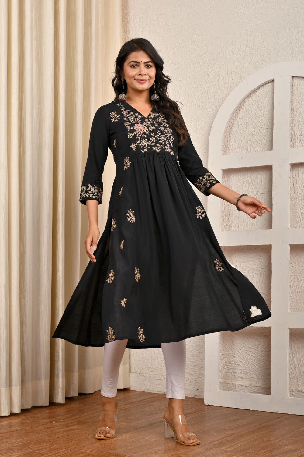 Women’s Cotton Blend Embroidered Kurthi with V Neck and 3/4th Sleeves - Black - 312