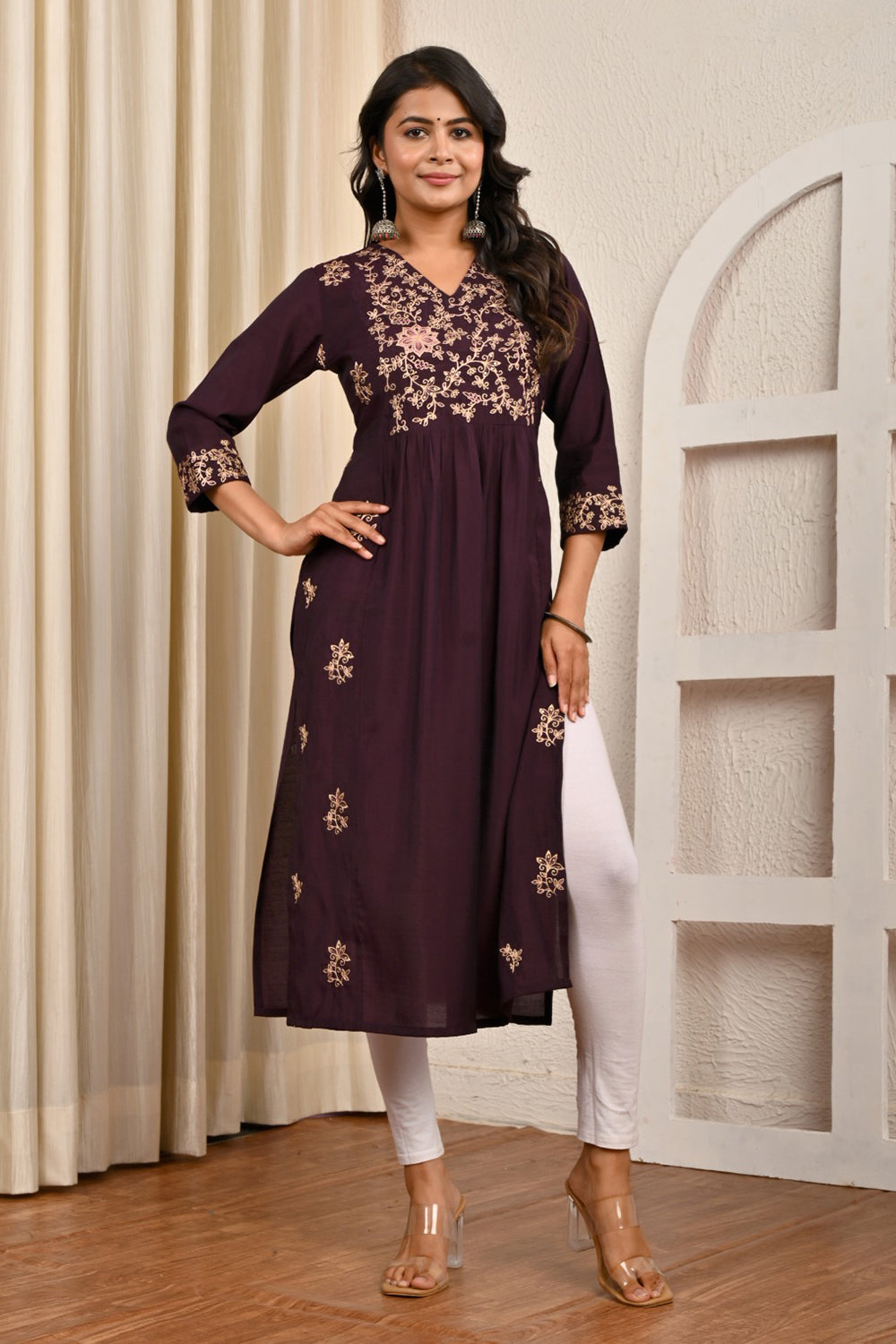 Women’s Cotton Blend Embroidered Kurthi with V Neck and 3/4th Sleeves - Wine - 312