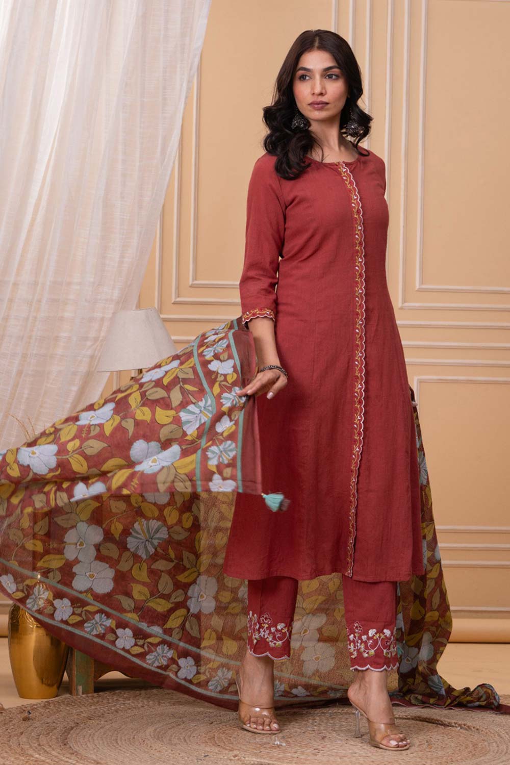 Mythri Women’s Cotton Cambric Kurthi Set 3 Piece A-Line Kurthi with Scallop Embroidery Pants and Printed Shawl - Brown - R507