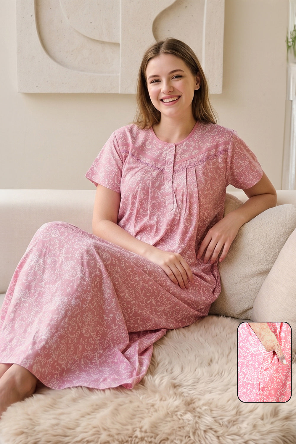Women's Bizzy Lizzy Poly Viscose Printed Nighty | Round Neck Short Sleeve Full Length Night Gown for Women | Relax Fit Premium Sleepwear - 1004