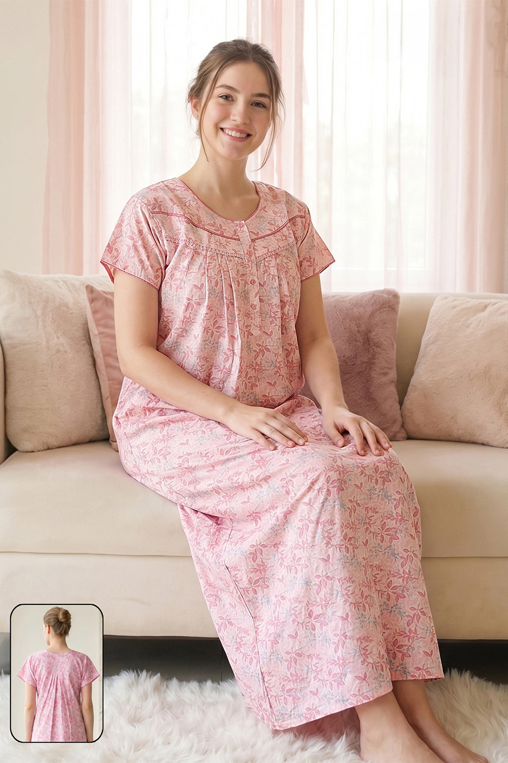 Women's Bizzy Lizzy Poly Viscose Printed Nighty | Round Neck Short Sleeve Full Length Night Gown for Women | Relax Fit Premium Sleepwear - 1006