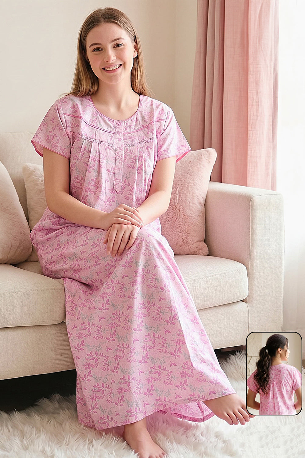 Women's Bizzy Lizzy Poly Viscose Printed Nighty | Round Neck Short Sleeve Full Length Night Gown for Women | Relax Fit Premium Sleepwear - 1006