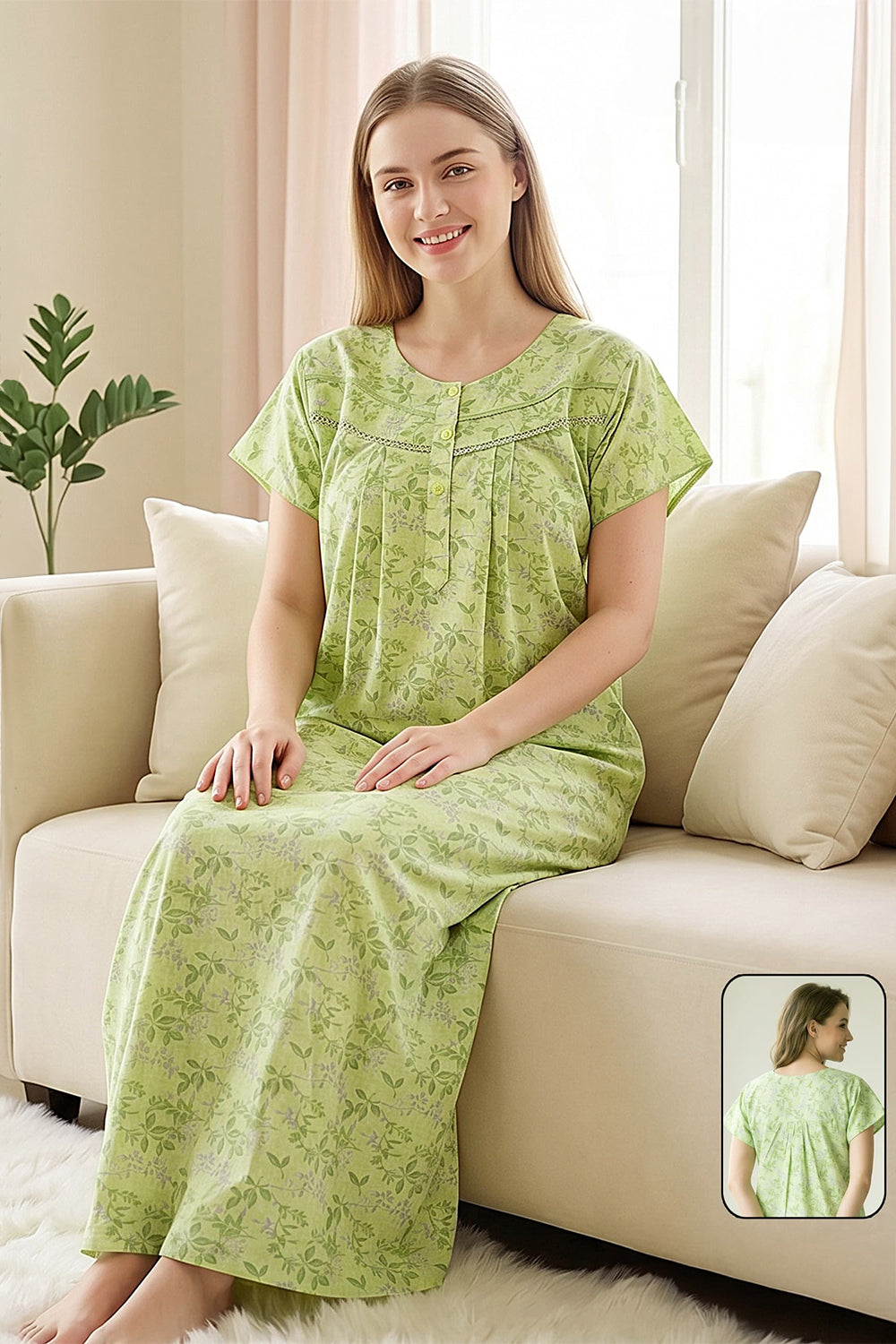 Women's Bizzy Lizzy Poly Viscose Printed Nighty | Round Neck Short Sleeve Full Length Night Gown for Women | Relax Fit Premium Sleepwear - 1006