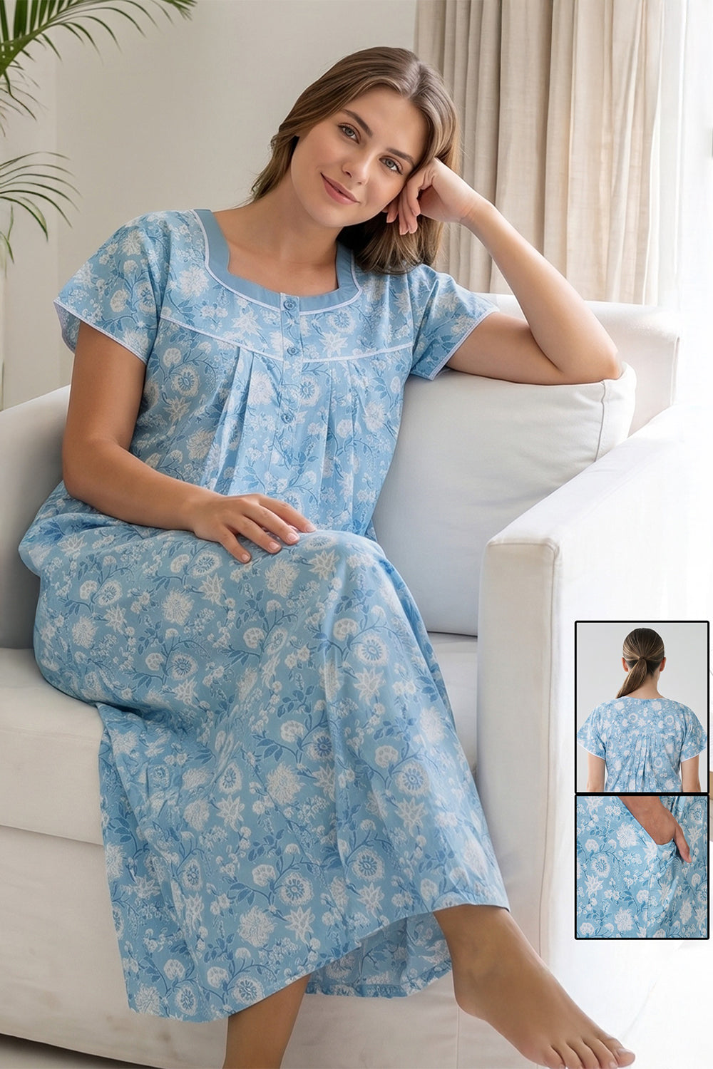 Women’s Pure Cotton Printed Pleated Nighty | Full Length Round Neck Cotton Night Dress with Short Sleeves | Regular Fit Daily Wear Sleepwear & Loungewear - 1015