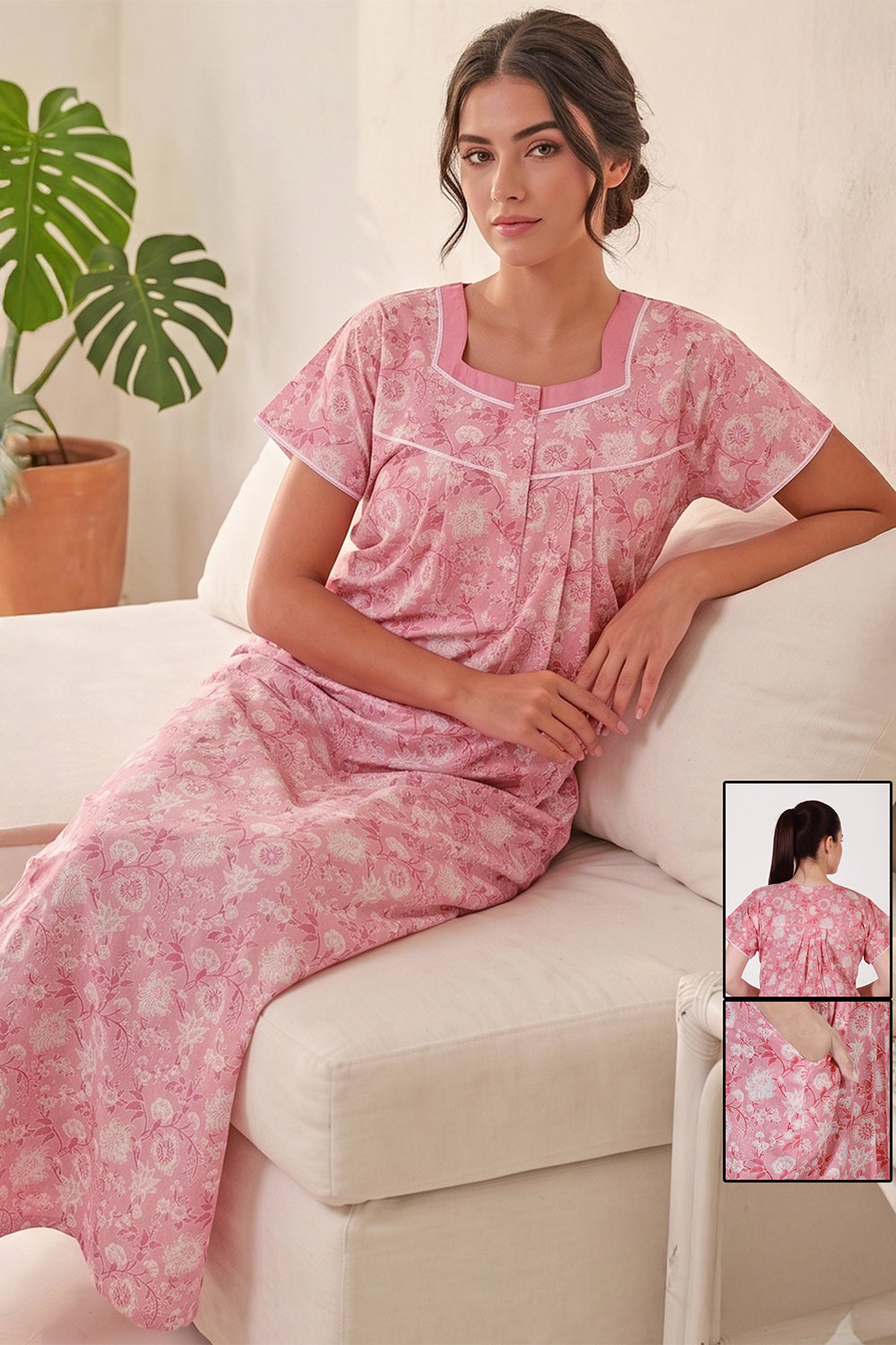Women’s Pure Cotton Printed Pleated Nighty | Full Length Round Neck Cotton Night Dress with Short Sleeves | Regular Fit Daily Wear Sleepwear & Loungewear - 1015