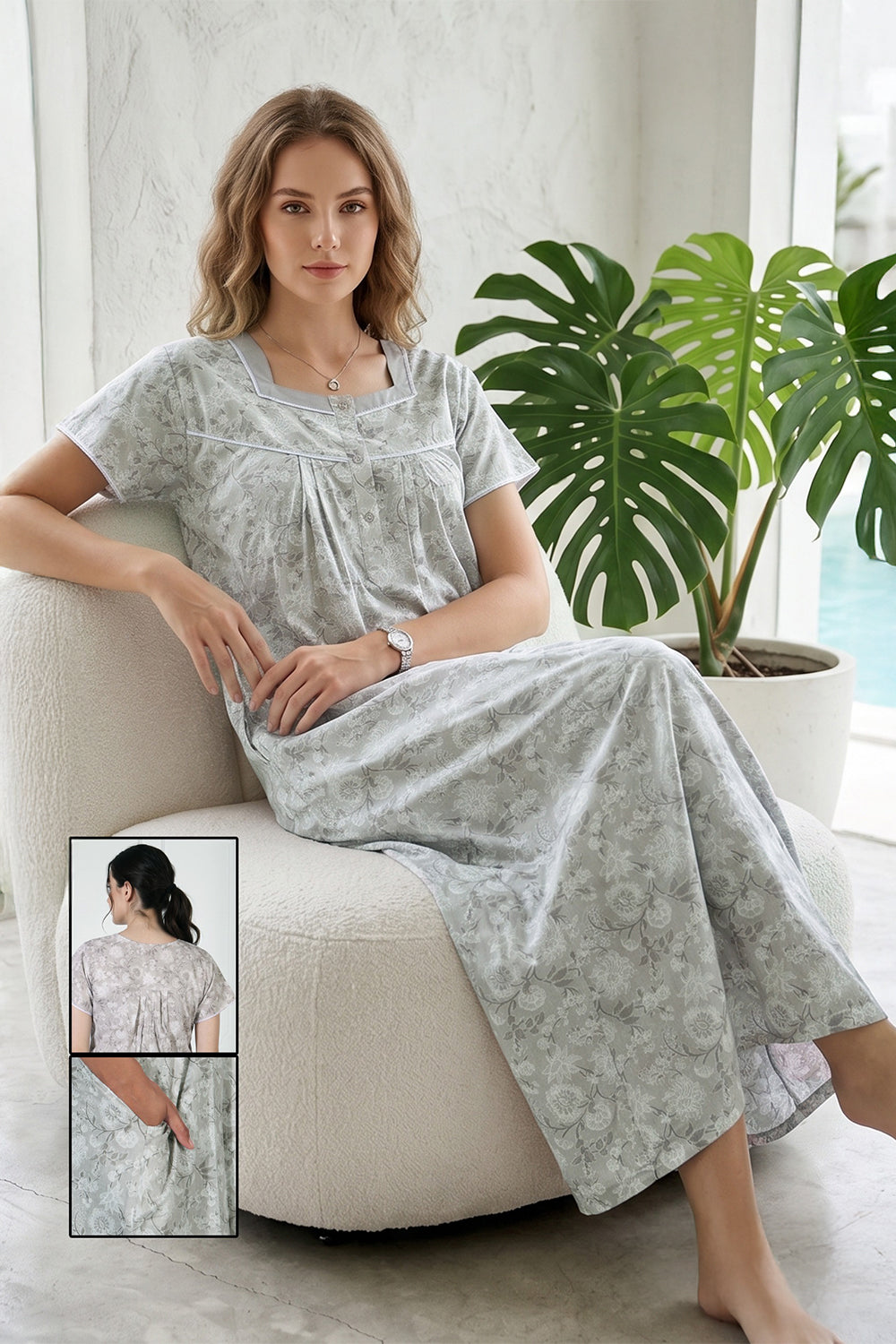 Women’s Pure Cotton Printed Pleated Nighty | Full Length Round Neck Cotton Night Dress with Short Sleeves | Regular Fit Daily Wear Sleepwear & Loungewear - 1015
