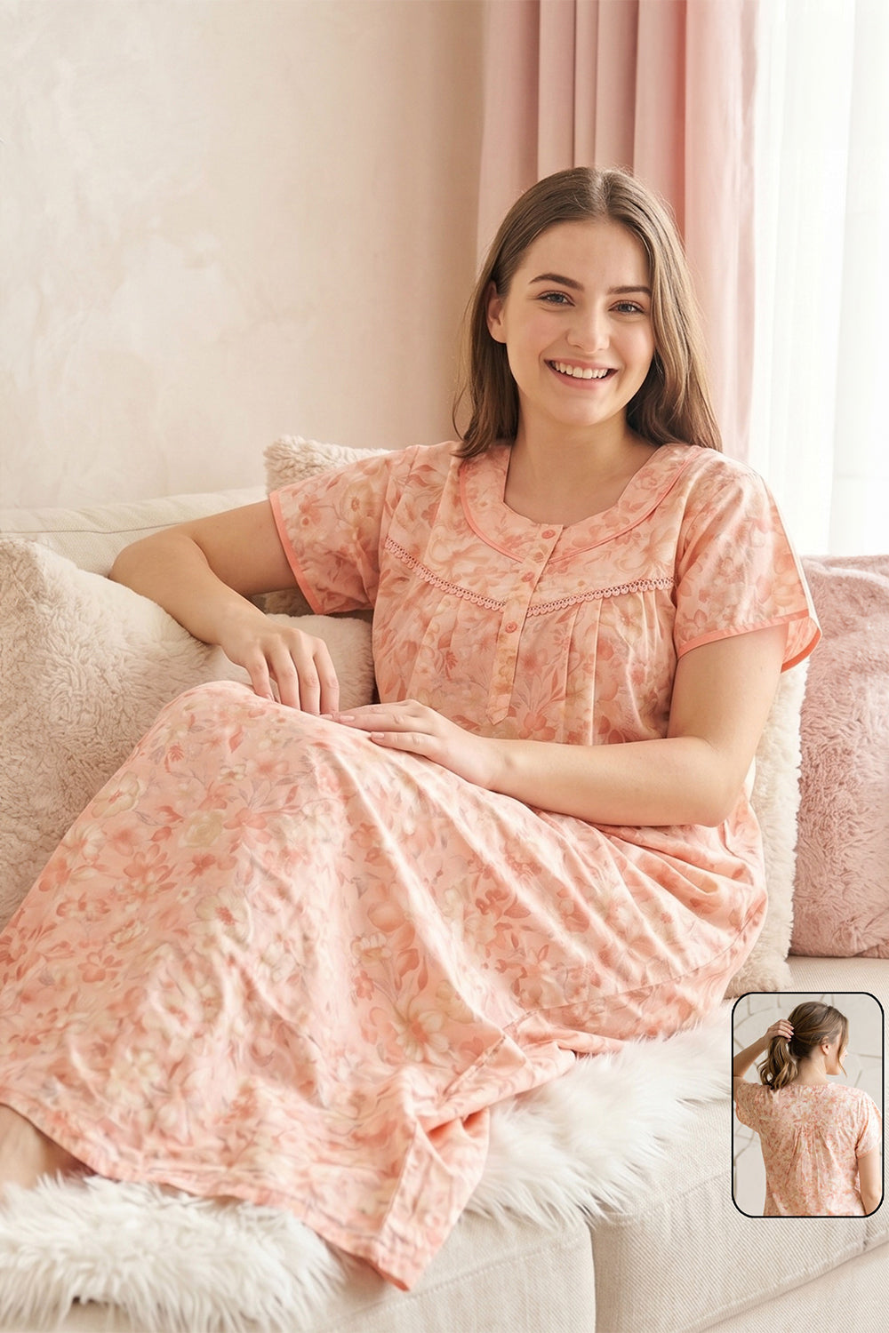 Women's Bizzy Lizzy Poly Viscose Printed Nighty | Round Neck Short Sleeve Full Length Night Gown for Women | Relax Fit Premium Sleepwear - 1019