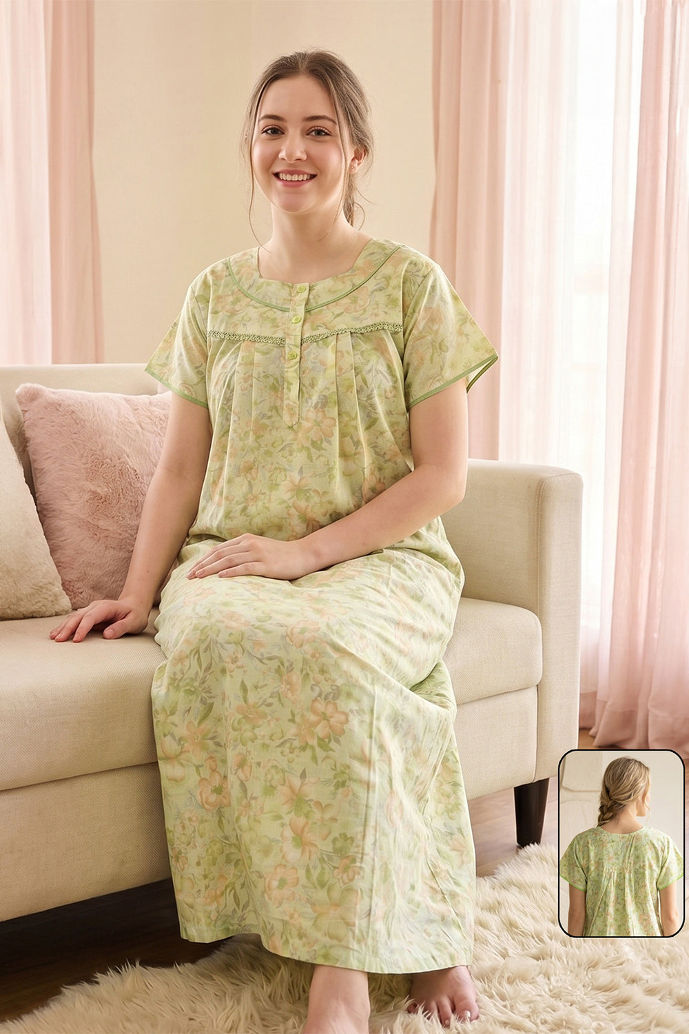 Women's Bizzy Lizzy Poly Viscose Printed Nighty | Round Neck Short Sleeve Full Length Night Gown for Women | Relax Fit Premium Sleepwear - 1019
