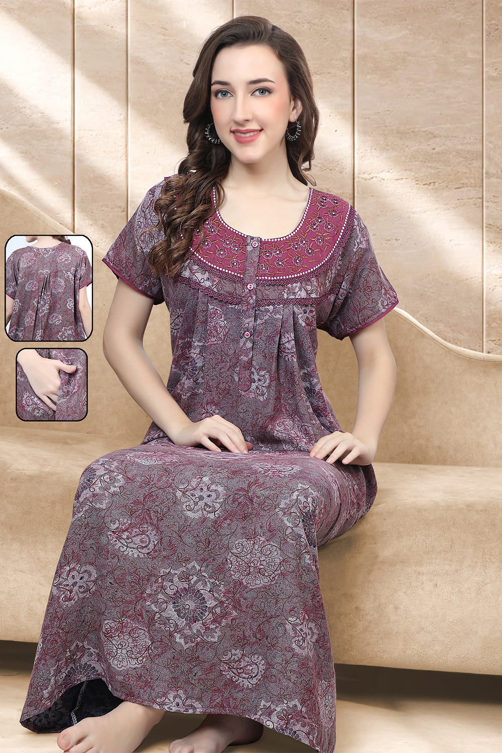Women’s Cotton Prints Pleated Nighty | Full Length Round Neck Night Dress with Short Sleeve | Relax Fit Sleepwear, Home Wear & Loungewear
