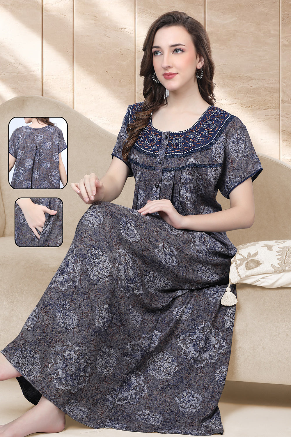 Women’s Cotton Prints Pleated Nighty | Full Length Round Neck Night Dress with Short Sleeve | Relax Fit Sleepwear, Home Wear & Loungewear