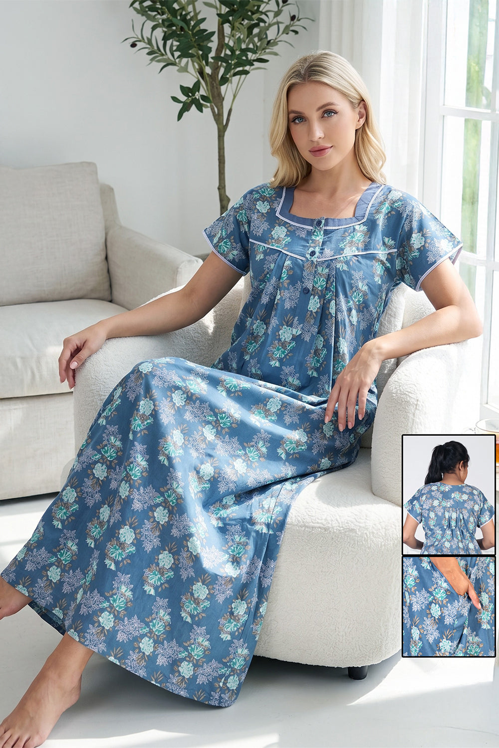 Women’s Pure Cotton Printed Pleated Nighty | Full Length Round Neck Cotton Night Dress with Short Sleeves | Regular Fit Daily Wear Sleepwear & Loungewear - 1020