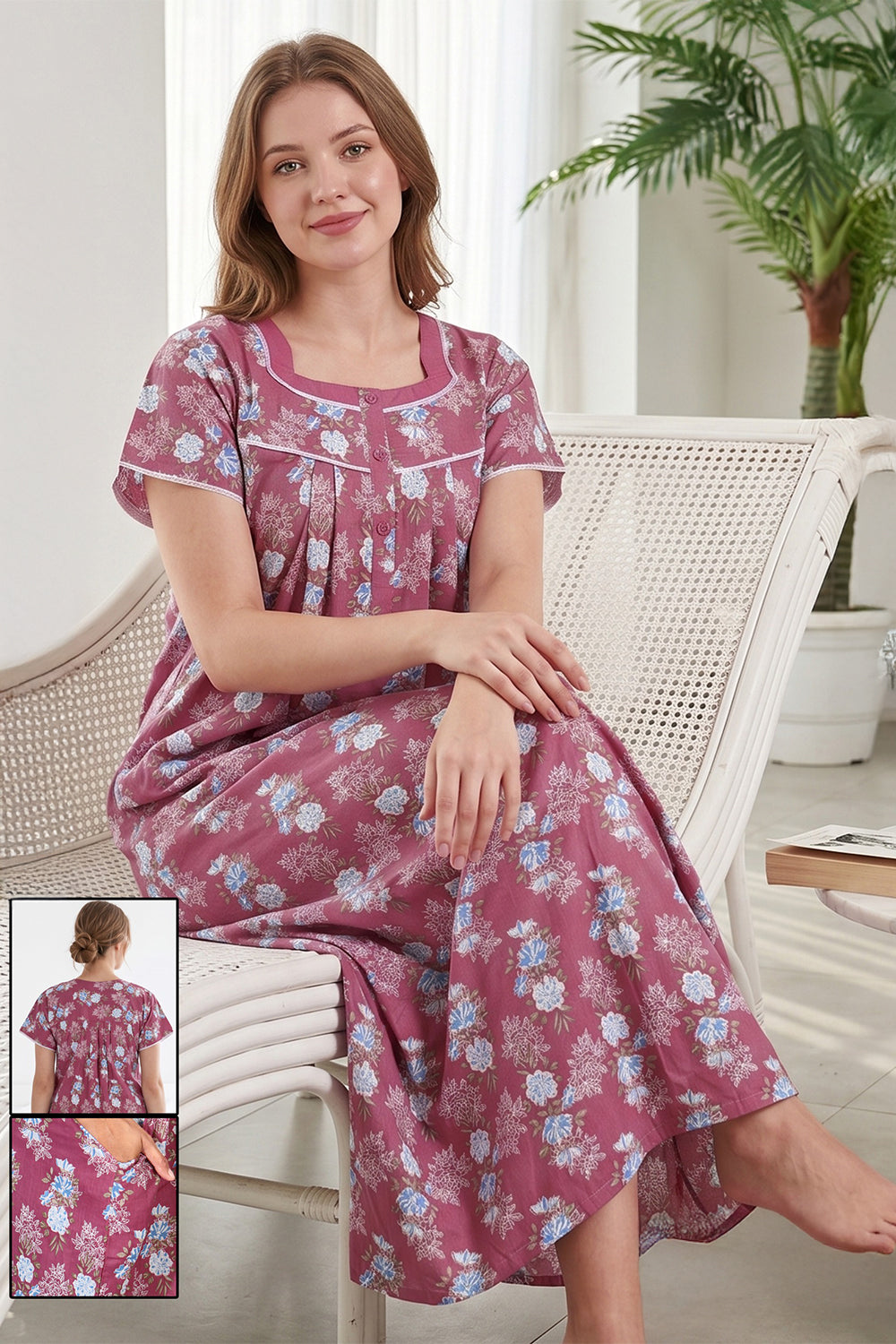Women’s Pure Cotton Printed Pleated Nighty | Full Length Round Neck Cotton Night Dress with Short Sleeves | Regular Fit Daily Wear Sleepwear & Loungewear - 1020