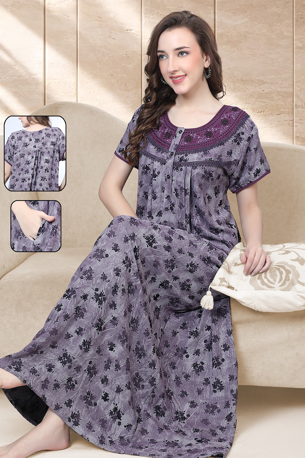 Women’s Pure Cotton Prints Pleated Nighty | Full Length Round Neck Night Dress with Short Sleeve | Relax Fit Sleepwear, Home Wear & Loungewear