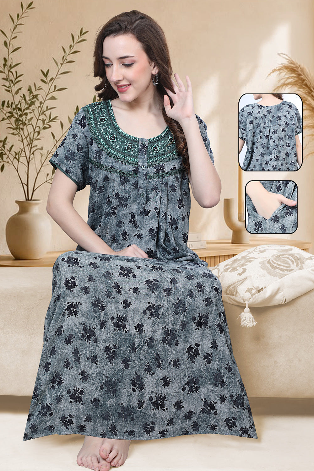 Women’s Pure Cotton Prints Pleated Nighty | Full Length Round Neck Night Dress with Short Sleeve | Relax Fit Sleepwear, Home Wear & Loungewear