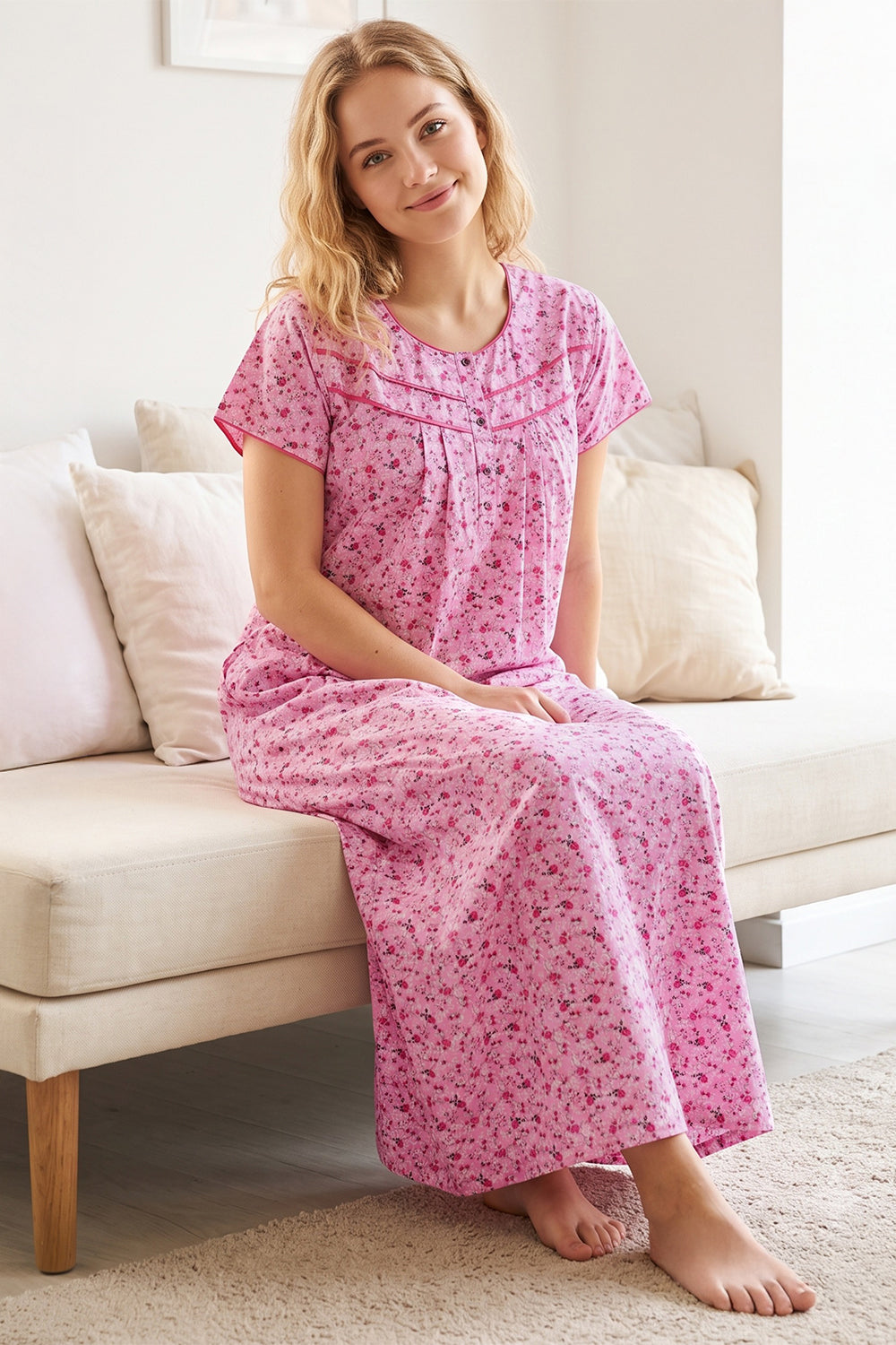 Women’s Pure Cotton Printed Pleated Nighty | Full Length Round Neck Cotton Night Dress with Short Sleeves | Regular Fit Daily Wear Sleepwear & Loungewear - 1049